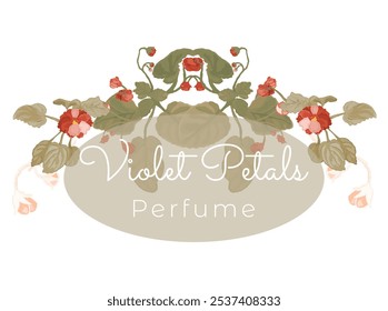 Floral composition from hand-drawn houseplants made as a prolonged, slightly arched-down bouquet or border. Delicate African violets for cosmetic products. Sample text for floral product label.