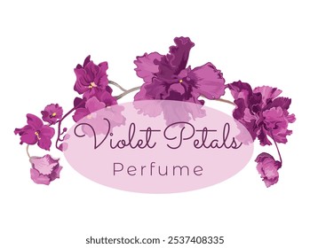 Floral composition from hand-drawn houseplants made as a prolonged, slightly arched-down bouquet or border. Delicate African violets for cosmetic products. Sample text for floral product label.