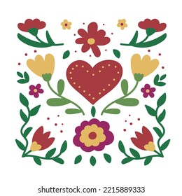 Floral Composition with heart. Botanical greeting card. Mexican Traditional Textile.  Vector illustration
