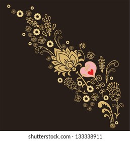 Floral composition  with  heart and golden flowers  on dark background 