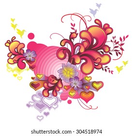 Floral composition with heart shapes, flowers and swirls.