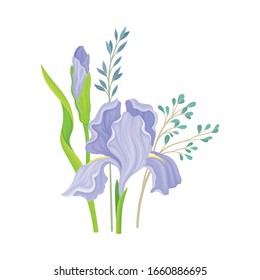 Floral Composition with Iris Flower on Green Erect Stem Vector Illustration