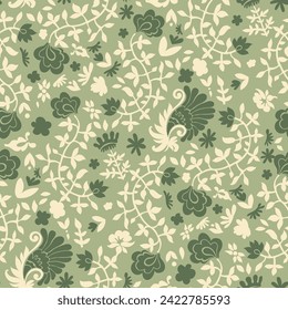 Floral composition with leafages and branches, retro design with twigs and foliage, botany ornaments for textile and fabric. Seamless patten, background print or wallpaper. Vector in flat style