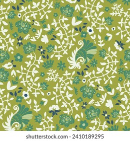 Floral composition with leaves and branches, retro design with twigs and foliage, botany ornaments for textile and fabric. Seamless pattern, wallpaper or print background. Vector in flat style