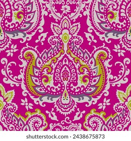 Floral composition with leaves, branches and stems. Paisley decoration for asian ornamental design with floral decor and dots. Seamless pattern, wallpaper print or background. Vector in flat style