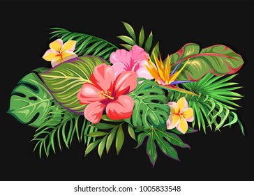 Floral composition with leaves of palm trees and tropical flowers. Tropical bouquet