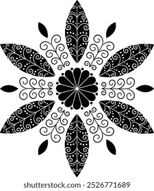 Mandala de composición floral Icono de copo de nieve Símbolo de escama de hielo Clipart gráfico Abstractas Cristal Navidades de invierno Vector Negro Ilustración de ilustración de silueta 