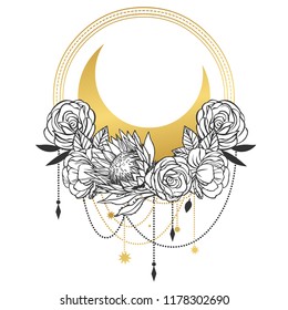 Floral composition with Moon and pendants. Tattoo sketch. Vector hand drawn illustration