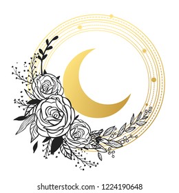 Floral Composition With Moon And Roses. Tattoo Sketch. Vector Hand Drawn Illustration