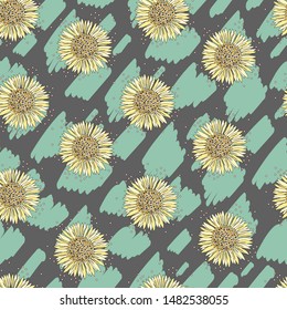 Floral composition on the gray color background with neo mint texture. Seamless vector illustration with sunflower.