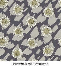 Floral composition on the gray color background with texture. Seamless vector illustration with sunflower. Textile printing backdrop.