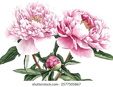 Floral composition of pink english roses, buds and leaves isolated on white background. Hand painted watercolor illustration vector 
