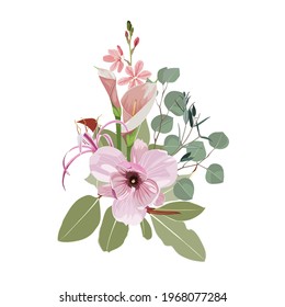 Floral composition with pink magnolia, calla, lilies flower and herbs on white. Romantic design for natural cosmetics, perfume, women products. Can be used for greeting card, wedding invitation.