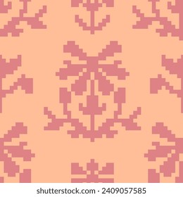 Floral composition with pixel art leaves and flowers in blossom, ornament and botanic motif with twigs and branches. Seamless pattern, pixelated wallpaper or print background. Vector in flat style
