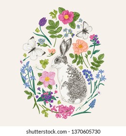 Floral composition with a rabbit and butterflies in the shape of an egg. 