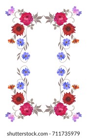 Floral composition. Red roses, lilac bell flowers and multicolor daisies. Beautiful vector illustration.