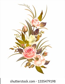 Floral composition with roses, herbs and daffodils on white background. Vector illustration.