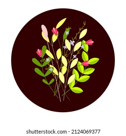Floral composition of scented herbs and flowers. Handmade drawing for business cards and invitations on a brown, isolated background.