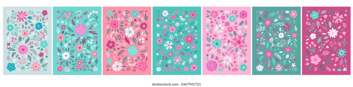 Floral composition set. Aesthetic botanical notebook covers. Boho provence style print collection. EPS 10 vector illustration.