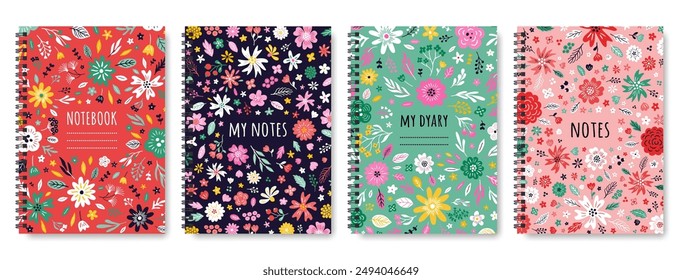 Floral composition set. Aesthetic botanical spiral notebook covers. Boho provence style print collection. EPS 10 vector illustration.