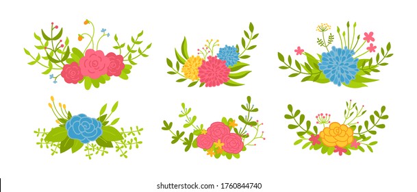 Floral composition set, flower branch and leaf. Abstract romantic beautiful spring floral design elements. Colorful flat cartoon eco collection. Beautiful isolated flowers. Vector illustration