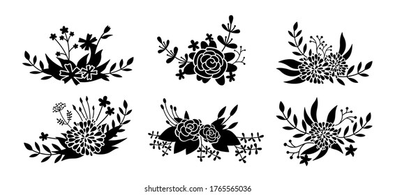 Floral composition set, flower branch black glyph. Abstract silhouette beautiful floral design elements. flat cartoon collection. Engravings isolated flowers. Vector illustration
