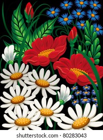 Floral composition with set flower and herb on black background