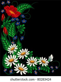 Floral composition with set flower and herb on black background