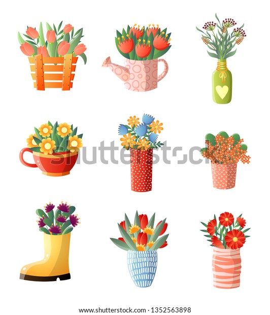 Floral Composition Set Flowers Vase Different Stock Vector