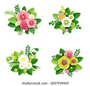 Floral composition set, vector isolated illustration. Bouquets of paper cut craft style pink, yellow roses, white daisy flowers and green leaves. Spring and summer flower arrangements.