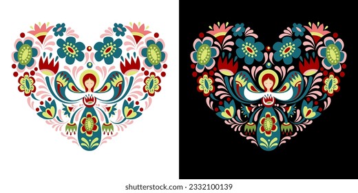 Floral composition in the shape of a heart with guardian angel in Ukrainian style. Flat pattern based on Ukrainian embroidery on a black and white background.