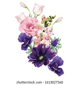 Floral composition with summer spring flowers. Floral bouquet with eustoma, narcissus, anemones, lilac and wildflower. Vintage Greeting Card element. 