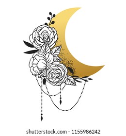 hand painted Black crescent moon and rose painting moon collection