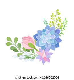 Floral Composition of Tender Colorful Succulent Plant Arranged with Botanical Twigs Vector Illustration