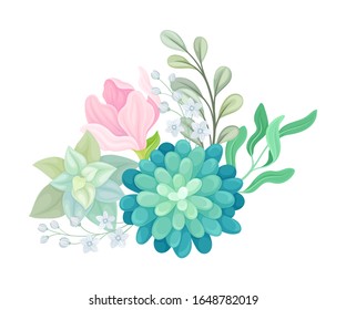 Floral Composition of Tender Colorful Succulent Plant Arranged with Botanical Twigs Vector Illustration