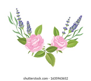 Floral Composition of Tender Rose Bud and Lavender Twigs Vector Illustration