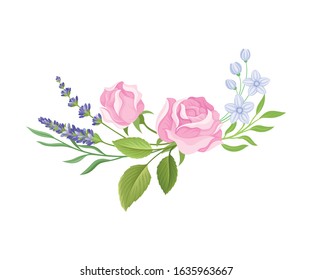 Floral Composition of Tender Rose Bud and Lavender Twigs Vector Illustration