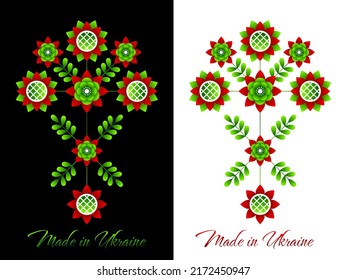 Floral composition in Ukrainian style. Flat pattern based on Ukrainian embroidery on a black and white background. Made in Ukraine. Tree of Life.