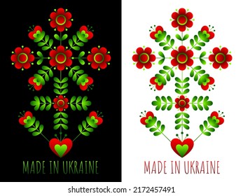 Blumenkomposition im ukrainischen Stil. Flaches Muster auf ukrainischer Stickerei auf schwarz-weißem Hintergrund. Hergestellt in der Ukraine. Baum des Lebens.