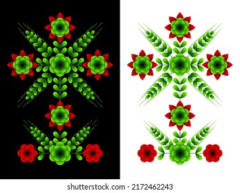 Floral composition in Ukrainian style. Flat pattern based on Ukrainian embroidery on a black and white background. Tree of Life.