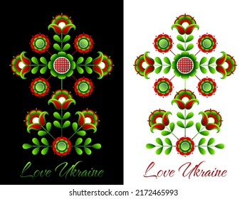 Composición floral al estilo ucraniano. Patrón plano basado en el bordado ucraniano en un fondo blanco y negro. Amo Ucrania. Árbol de vida.