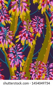 Floral composition. Vector seamless pattern with aloe flowers. Botanical background.