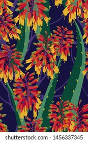 Floral composition. Vector seamless pattern with aloe flowers. Botanical background.