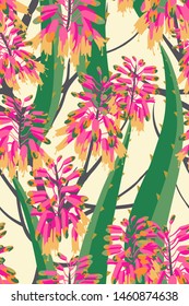 Floral composition. Vector seamless pattern with aloe flowers. Botanical background.