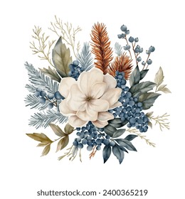 Floral composition in watercolour style. White flower, pine branches, leaves and blue berries. 