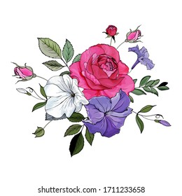 Floral composition with white, purple, pink rose, petunia, buds and green leaves on white background. Hand drawn. Flower Illustration for wedding invitation, greeting cards. Vector stock illustration.