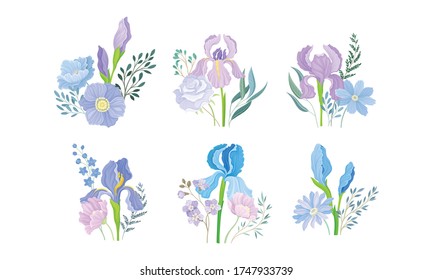 Floral Compositions with Purple Iris Flower and Flowering Twigs Vector Set