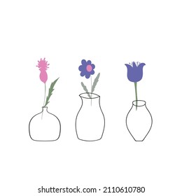 Floral compositions in vases. Bouquets of flowers. Interior decor. Modern design elements. Vector illustration.