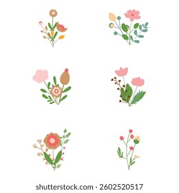 Floral compositions. Vector set of bright bouquets of flowers on a white background.