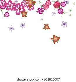 Floral Confetti Falling on White Background. Bright Simple Flowers in Retro Style. Rustic Background for Greeting Card, Postcard, Wedding Invitation.
